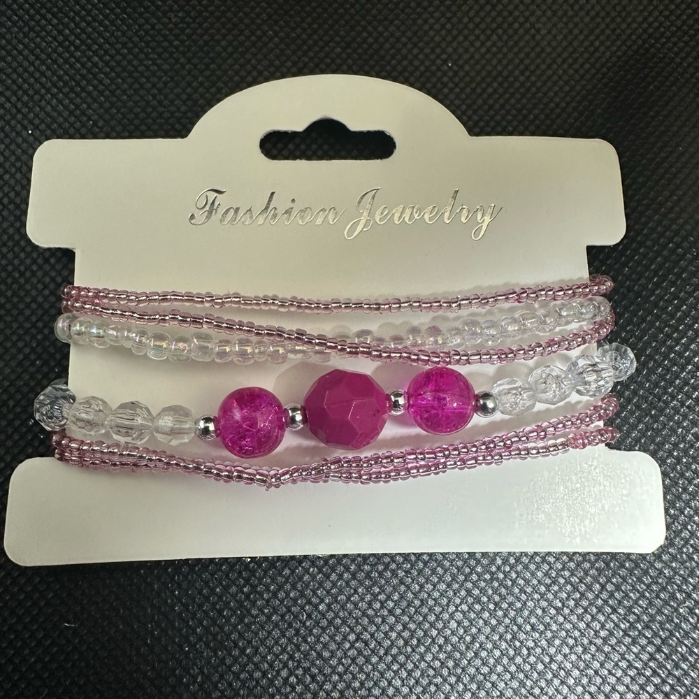 Pink and Clear Beaded Bracelet Set